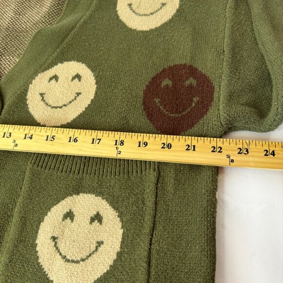 Forever 21 Women's Loose Fit Cardigan Size S Smiley Face Green Tan Jacquard Knit - Picture 6 of 8